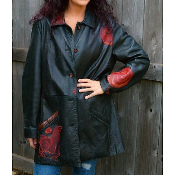 Vintage hand painted leather coat; fire, phoenix, red, gift for her sz L - Picture 2 of 12